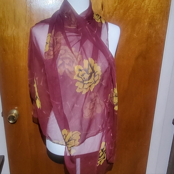 Sheer Maroon Scarf with Yellow Roses Approx 66" L x26" W - Picture 1 of 3